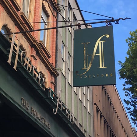 Hodges Figgis storefront with green and gold sign