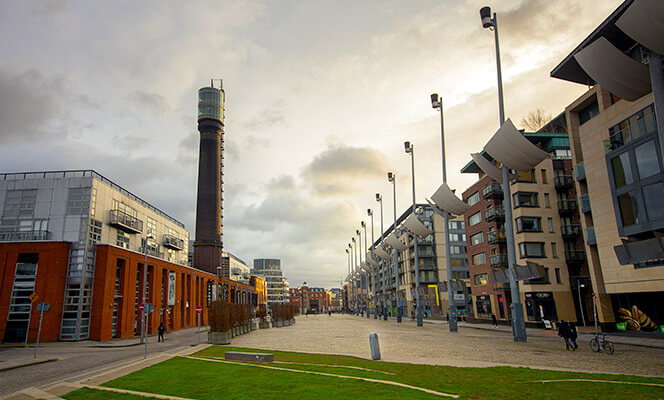 sought after dublin neighbourhood Smithfield Square features green space, apartments, the generator hostel, restaurants and a cinema