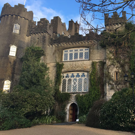 ivy grows up the front of medieval stone castle