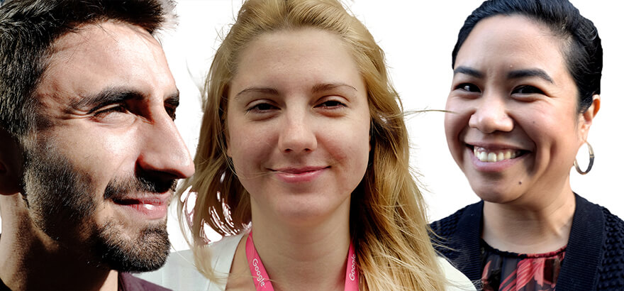 three people who work in the digital docklands pose and smile